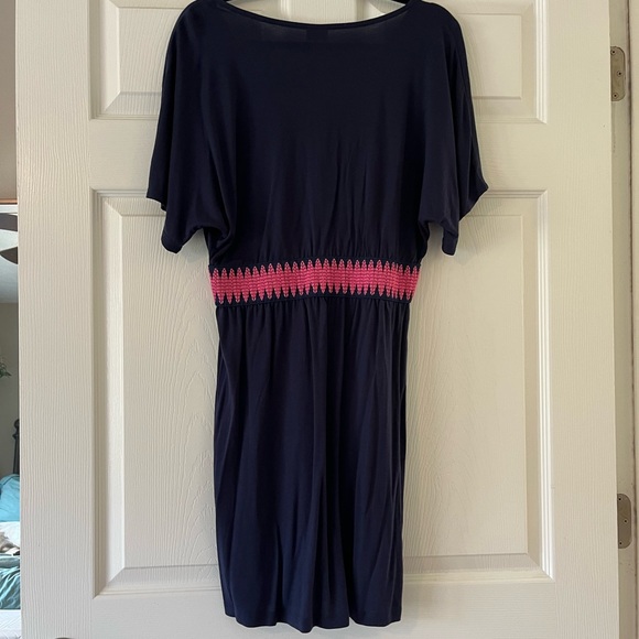 Navy LASCANA Women's Wrap Look Dress with Pink Waistband - Picture 5 of 7